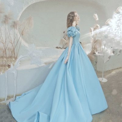 Blue satin princess gown evening dress - Thumbnail 1