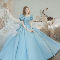 Blue Satin Princess Gown Evening Dress - Thumbnail 3