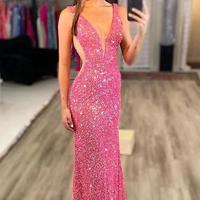 SP2232,White Sequin V-Neck Mermaid Long Formal Dress,Sparkly Prom Dresses - Thumbnail 1