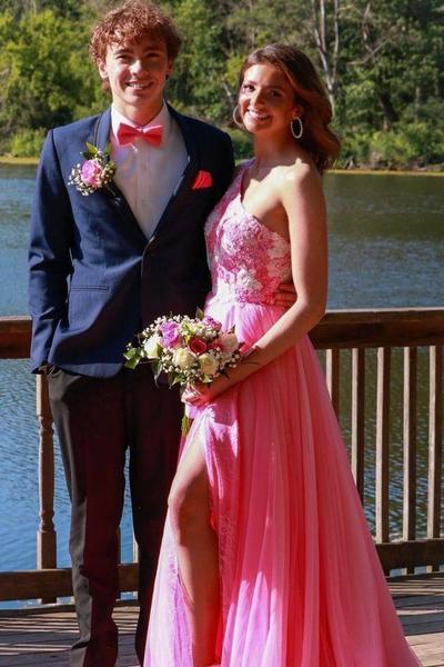SP2235,Princess one shoulder hot pink long prom dress with side slit
