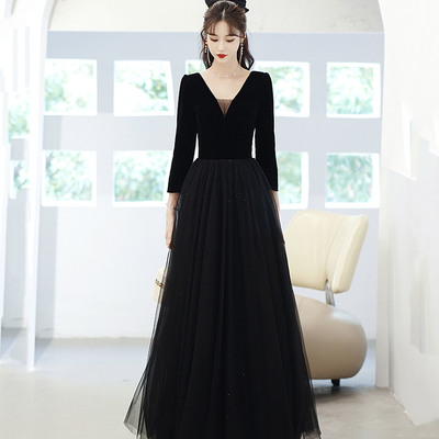 Black v-neck long sleeve prom dress evening dress - Thumbnail 2
