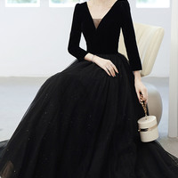 Black V-neck long sleeve prom dress evening dress - Thumbnail 1