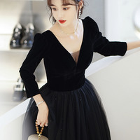 Black V-neck long sleeve prom dress evening dress - Thumbnail 2