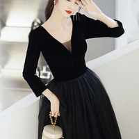Black V-neck long sleeve prom dress evening dress - Thumbnail 3