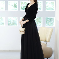 Black V-neck long sleeve prom dress evening dress - Thumbnail 4