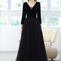 Black V-neck long sleeve prom dress evening dress - Thumbnail 6