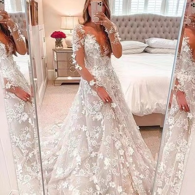 V neck wedding dresses bridal gown with sleeves 3d flowers - Thumbnail 2