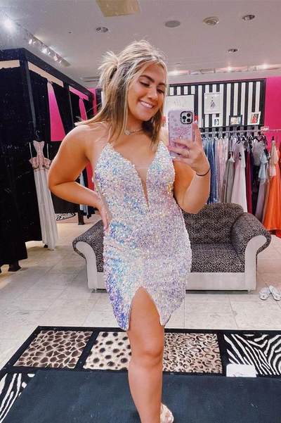 Cute Straps White Sequins Short Homecoming Dress with Slit