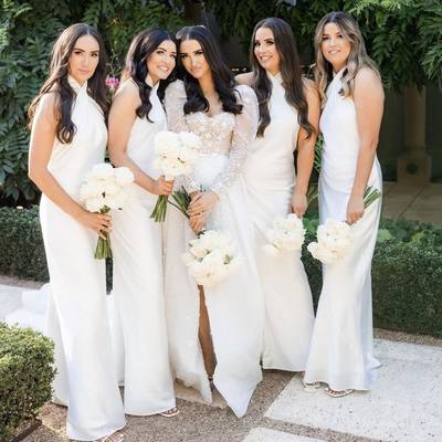 Sheath halter silk satin white long bridesmaid dresses