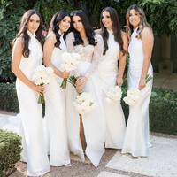 Sheath Halter Silk Satin White Long Bridesmaid Dresses - Thumbnail 1