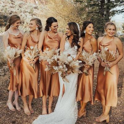 Sparkly cowl neck champagne silk satin tea length bridesmaid dresses