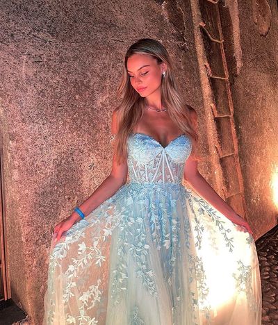 Cute Sweetheart Light Blue Tulle Long Prom Dresses with Appliques