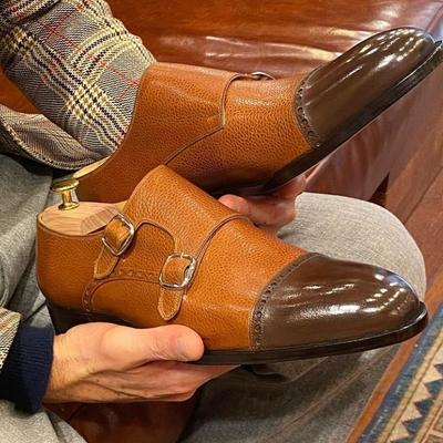 Decent two tone handmade double monk strap shoes, best leather shoes for men's