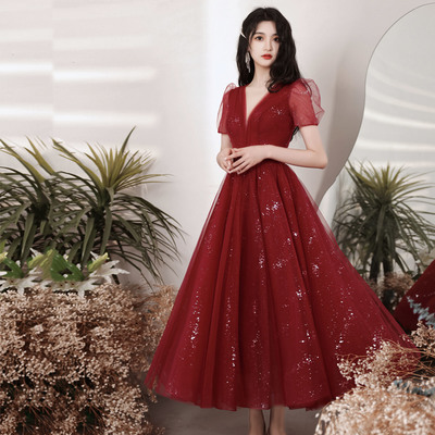 Burgundy v-neck tulle short prom dress homecoming dress - Thumbnail 1