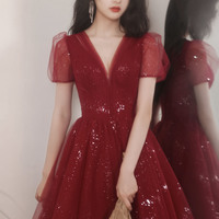 Burgundy V-neck tulle short prom dress homecoming dress - Thumbnail 1