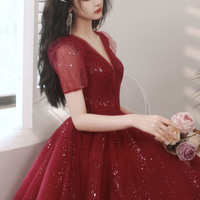 Burgundy V-neck tulle short prom dress homecoming dress - Thumbnail 2