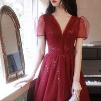 Burgundy V-neck tulle short prom dress homecoming dress - Thumbnail 3
