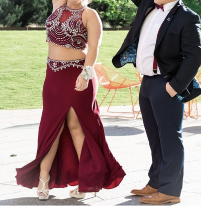 Two Piece Burgundy Prom Dresses with Rhinestones