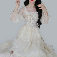 French Elegant Delicate Rose Princess Embroidery Jacquard Satin Soft Cream Long Sleeve Dress - Thumbnail 4