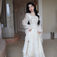 French Elegant Delicate Rose Princess Embroidery Jacquard Satin Soft Cream Long Sleeve Dress - Thumbnail 8