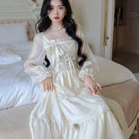 French Elegant Delicate Rose Princess Embroidery Jacquard Satin Soft Cream Long Sleeve Dress - Thumbnail 2
