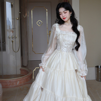 French Elegant Delicate Rose Princess Embroidery Jacquard Satin Soft Cream Long Sleeve Dress - Thumbnail 3