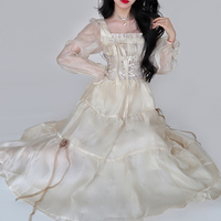 French Elegant Delicate Rose Princess Embroidery Jacquard Satin Soft Cream Long Sleeve Dress - Thumbnail 5