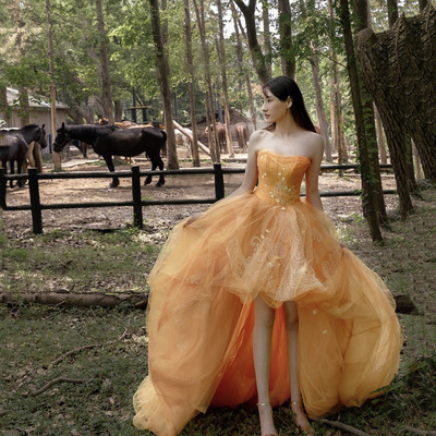 Orange tulle lace high low prom dress evening dress - Thumbnail 1