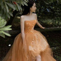 Orange tulle lace high low prom dress evening dress - Thumbnail 3