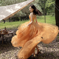 Orange tulle lace high low prom dress evening dress - Thumbnail 5