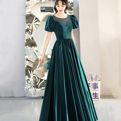 Green satin long prom dress a-line evening dress - Thumbnail 1