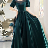 Green satin long prom dress A-line evening dress - Thumbnail 1