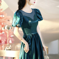 Green satin long prom dress A-line evening dress - Thumbnail 3