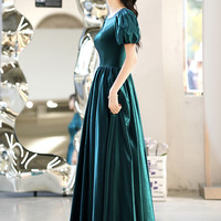 Green satin long prom dress A-line evening dress - Thumbnail 4