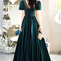 Green satin long prom dress A-line evening dress - Thumbnail 5