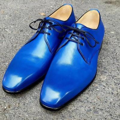 Western style men's hand stitch blue chukka style leather lace up formal shoes