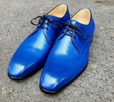 Western Style Men's Hand Stitch Blue Chukka Style Leather Lace Up Formal Shoes