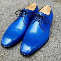Western Style Men's Hand Stitch Blue Chukka Style Leather Lace Up Formal Shoes - Thumbnail 1