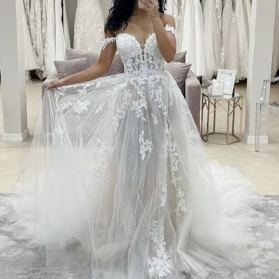 Off shoulder wedding dresses bridal gown with lace appliques - Thumbnail 2