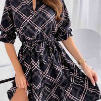 Women's V-Neck Black Long Sleeve Print Dress - Thumbnail 2