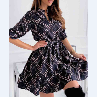 Women's V-Neck Black Long Sleeve Print Dress