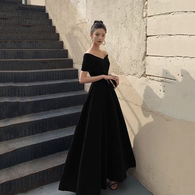 Simple v-neck velvet long prom dress evening dress - Thumbnail 1