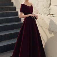 Simple V-neck velvet long prom dress evening dress - Thumbnail 4