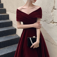 Simple V-neck velvet long prom dress evening dress - Thumbnail 5