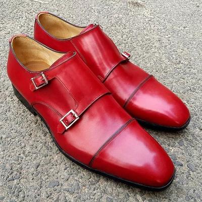 Cheap price men's hand stitch red double monk strap leather shoes - Thumbnail 1