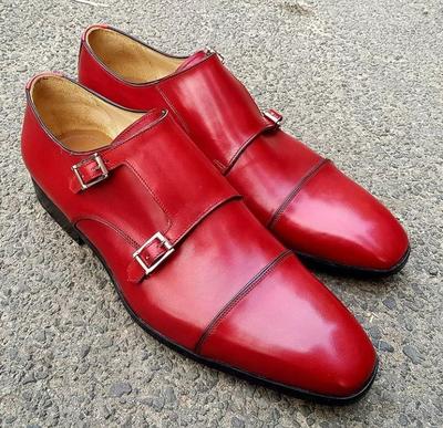 Cheap Price Men's Hand Stitch Red Double Monk Strap Leather Shoes