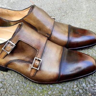 Classic men's hand made two tone leather double monk strap formal shoes - Thumbnail 1
