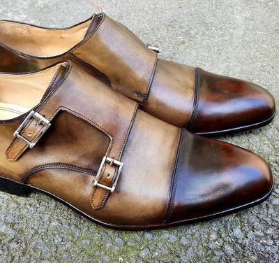 Classic Men's Hand Made Two Tone Leather Double Monk Strap Formal Shoes