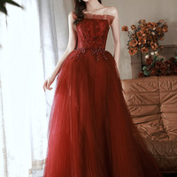 Burgundy tulle lace long prom dress evening dress - Thumbnail 7