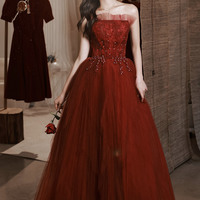 Burgundy tulle lace long prom dress evening dress - Thumbnail 1